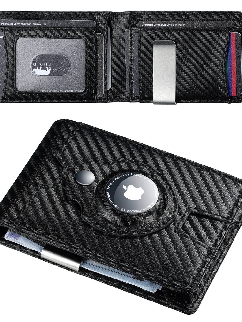 Men's Slim Carbon-Texture Card Wallet with Pop Socket Black Air Tag holder NWOT